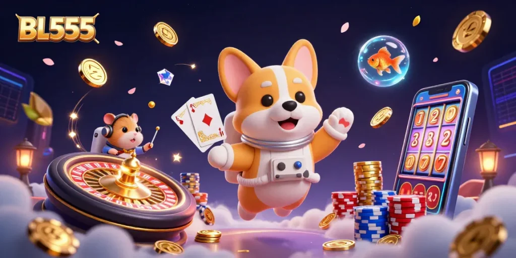 Engage in thrilling gameplay at BL555 with playful characters in a vibrant casino scene.