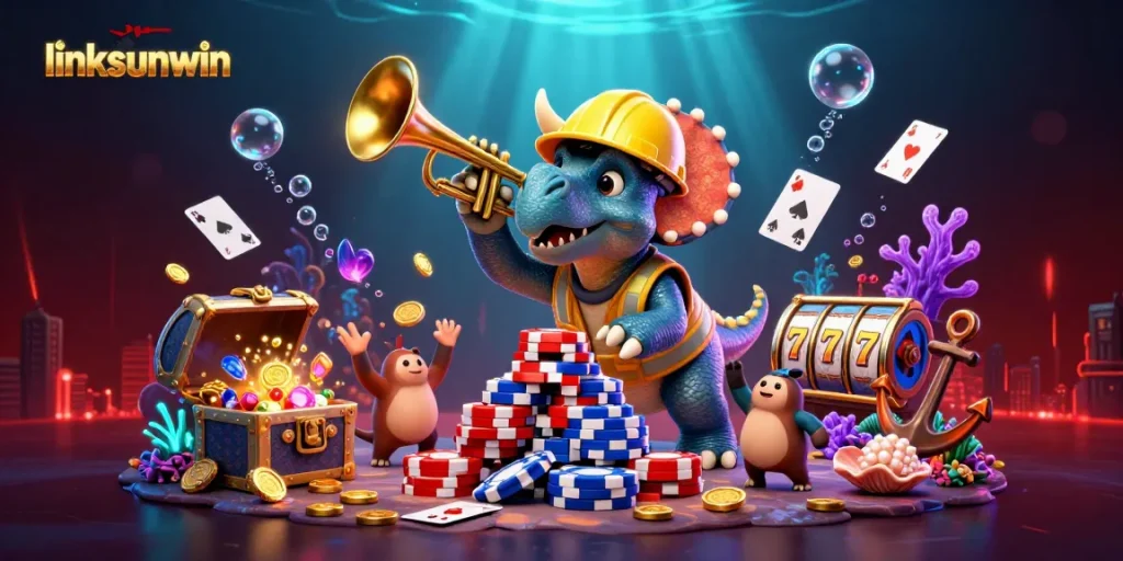 Engage with linksunwin as a triceratops builds poker chip pyramids amid festive underwater celebrations.