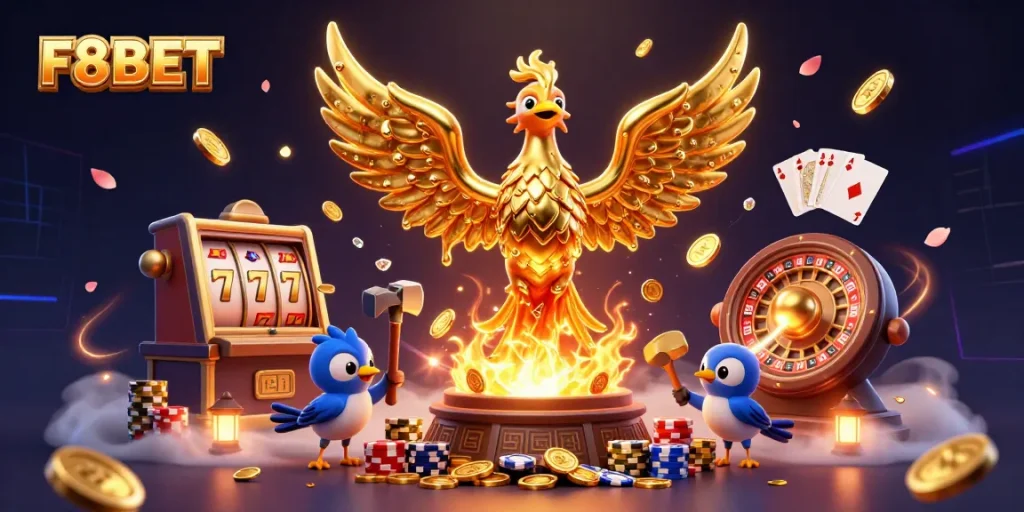 Experience thrilling gameplay at F8BET with golden coins, vibrant cards, and a lucky phoenix.