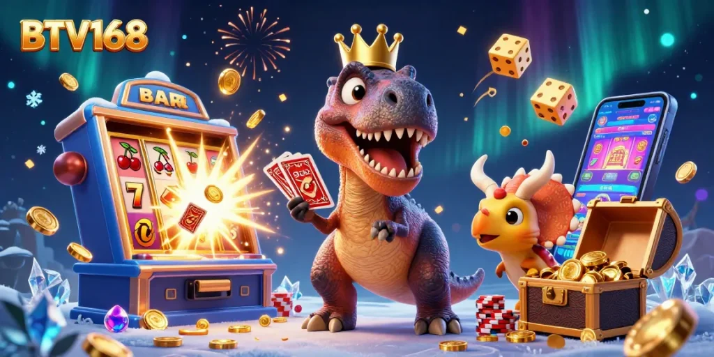 BTV168 brings excitement with a playful T-Rex and friends enjoying casino games and jackpots.