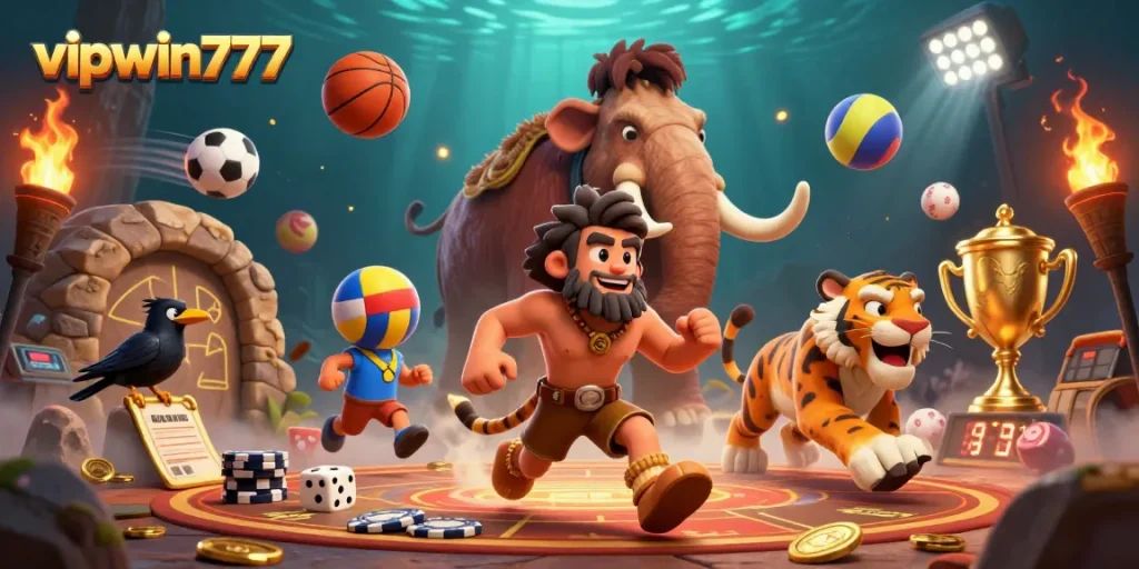 Engage in thrilling gaming adventures with vipwin777 in a dynamic prehistoric casino scene!