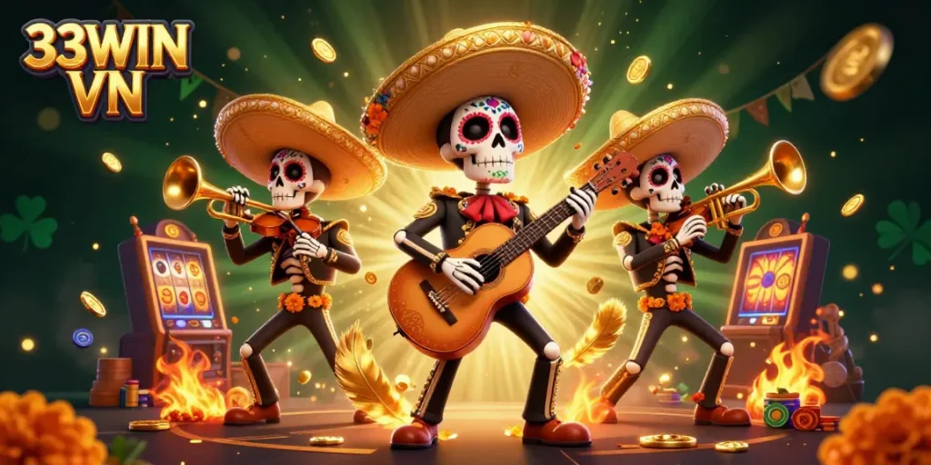 Experience the excitement of 33WIN VN with a vibrant Day of the Dead casino scene filled with gold coins and colorful game elements.